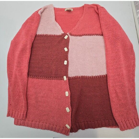 Cynthia Taylor Womens Medium Patchwork Cardigan Sweater 100% Acrylic Pink & Red - Picture 1 of 6